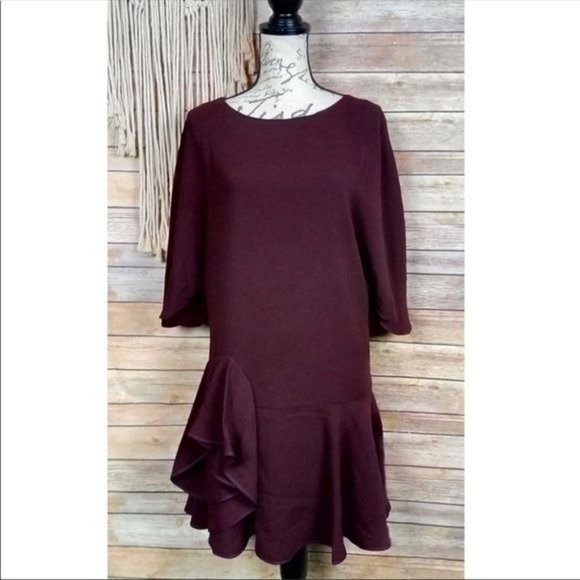 Revolve | Halston Heritage ‘Syrah’ Wine Scoop Neck 3/4 Sleeve Ruffle Mini Dress - Picture 2 of 8